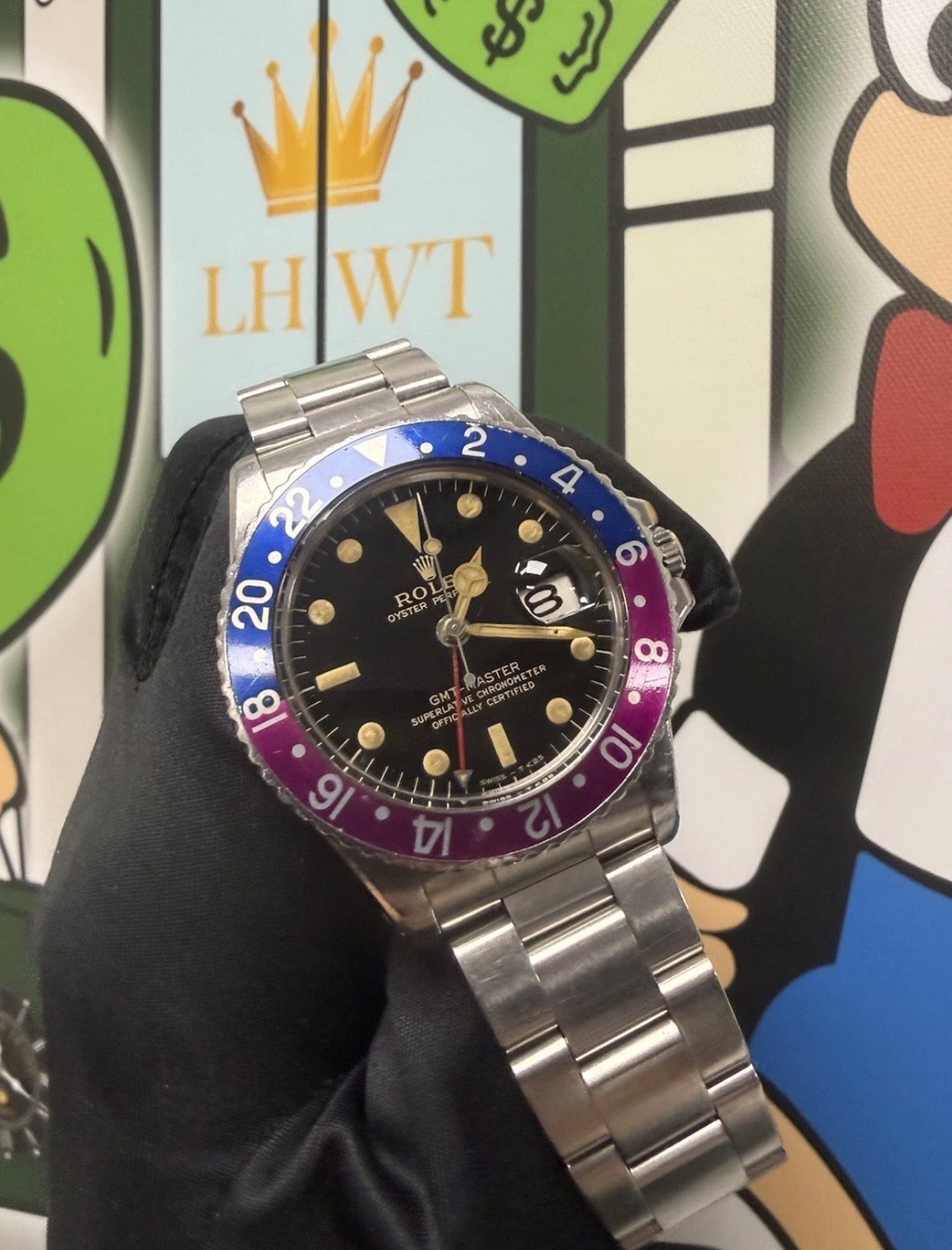 !RARE Rolex GMT Master 1675 Box & Papers Fuschia Bezel 1966 Gilt Dial