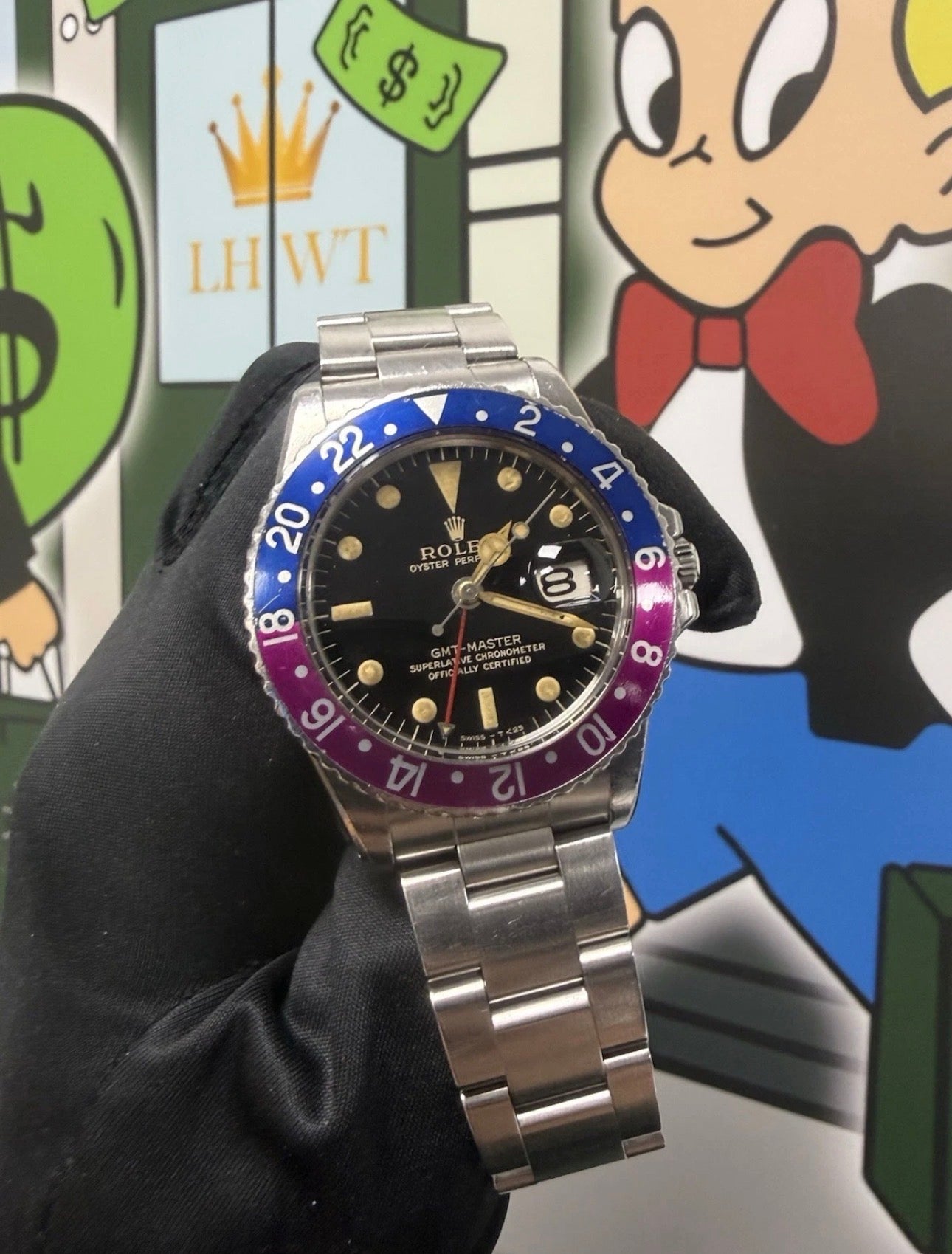 !RARE Rolex GMT Master 1675 Box & Papers Fuschia Bezel 1966 Gilt Dial
