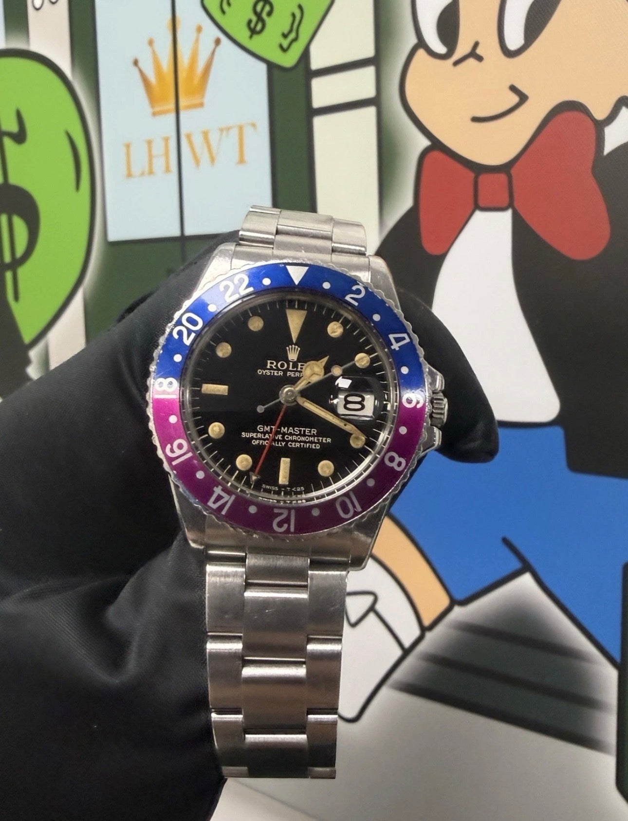 !RARE Rolex GMT Master 1675 Box & Papers Fuschia Bezel 1966 Gilt Dial