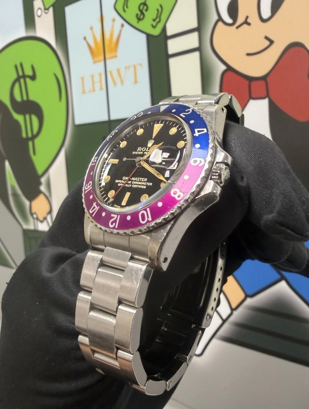 !RARE Rolex GMT Master 1675 Box & Papers Fuschia Bezel 1966 Gilt Dial