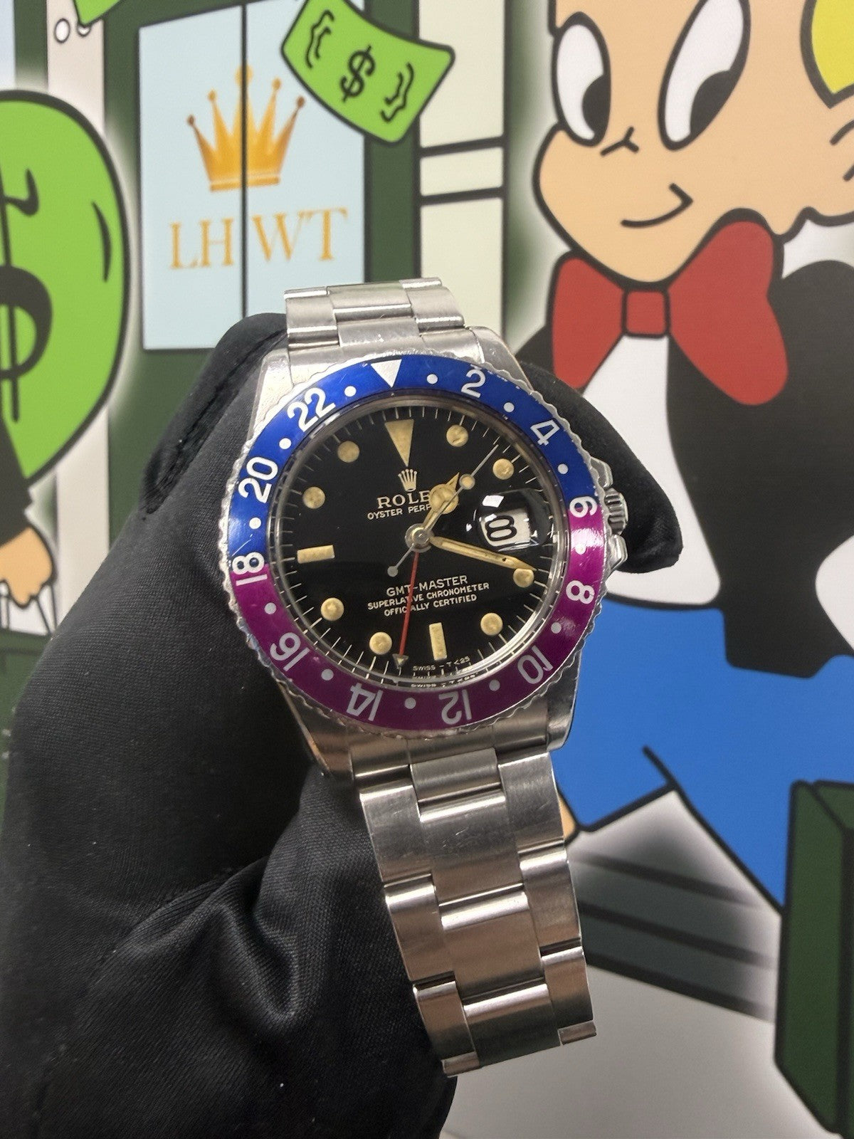 !RARE Rolex GMT Master 1675 Box & Papers Fuschia Bezel 1966 Gilt Dial
