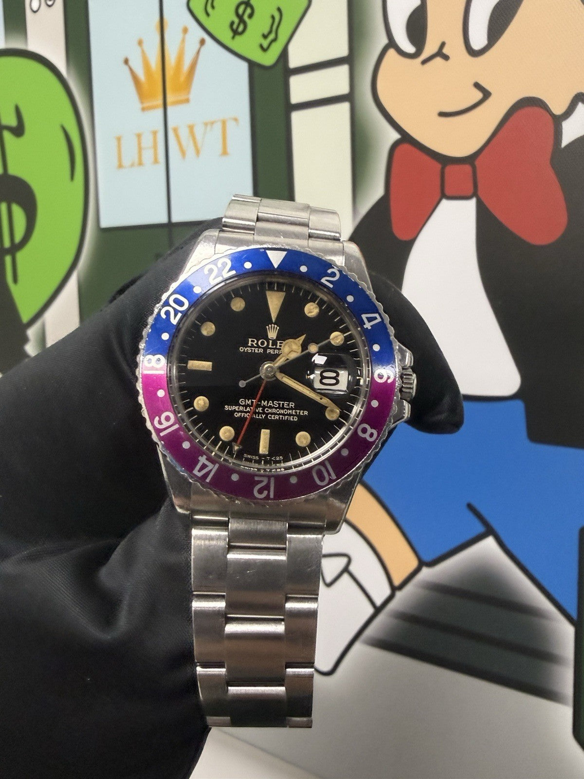 !RARE Rolex GMT Master 1675 Box & Papers Fuschia Bezel 1966 Gilt Dial