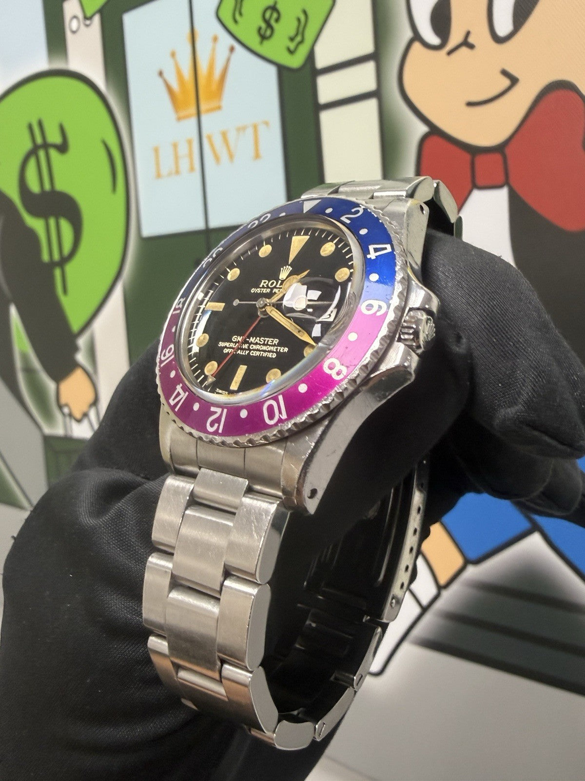 !RARE Rolex GMT Master 1675 Box & Papers Fuschia Bezel 1966 Gilt Dial
