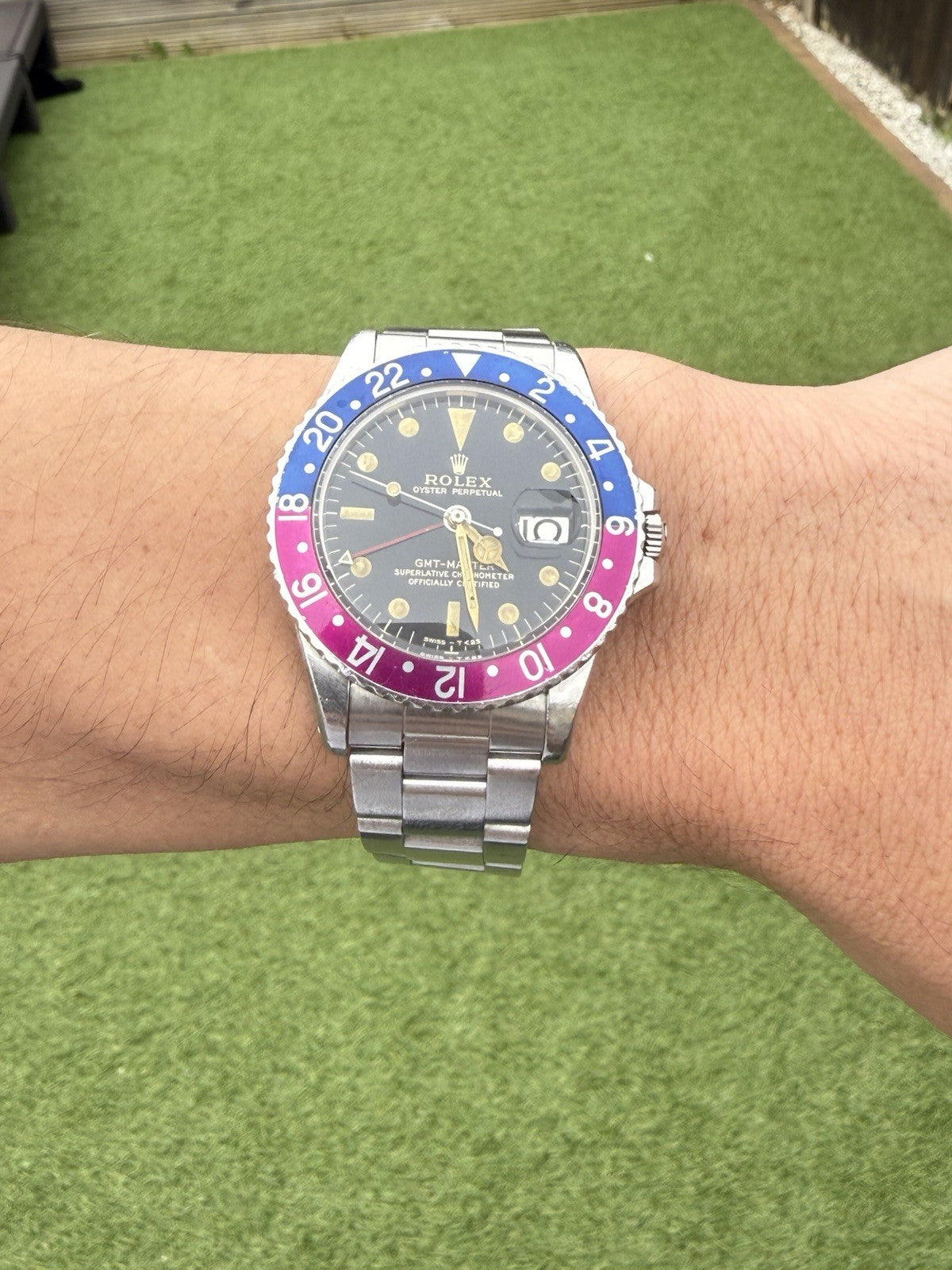 !RARE Rolex GMT Master 1675 Box & Papers Fuschia Bezel 1966 Gilt Dial